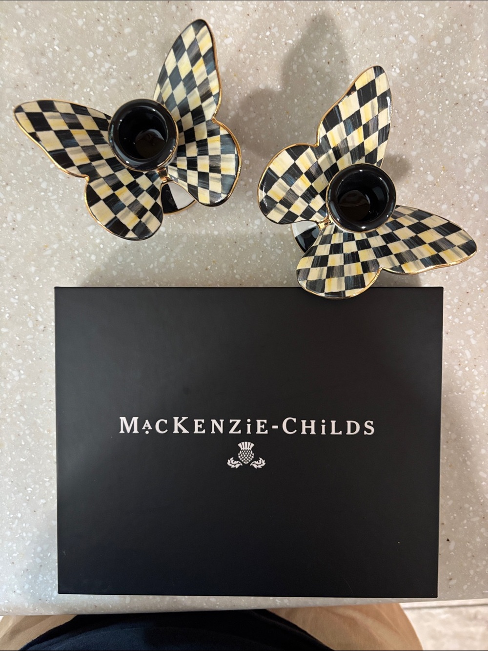 MacKenzie-Childs Checkered Butterfly Candleholders in Black & Cream